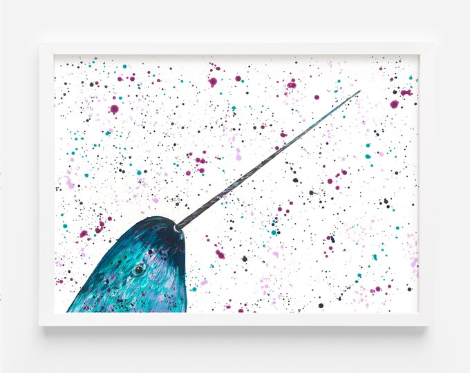 Narwhal Painting, An original Acrylic A4 Painting by Emma LC Art, Original Art, Colourful Art, Sea Life Decor, Animal Artwork, Sea Unicorn