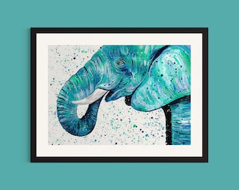 Elephant Art Print ‘Arthur’, African Elephant Painting, Majestic Animal Wall Art, Safari Art, Nursery Decor, Blue and Green Wildlife Poster,