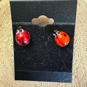 Pode incluir: Brincos de pressão com formato de joaninha. Cada brinco apresenta um corpo vermelho com pintas pretas e olhos pretos pequenos. São apresentados num cartão preto com um pequeno recorte, sobre uma superfície de madeira castanha clara.