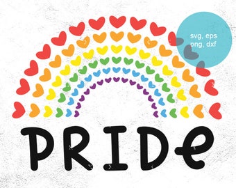 May include: A rainbow made of hearts with the word "PRIDE" underneath. The rainbow is made of red, orange, yellow, green, blue, indigo, and violet hearts.