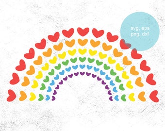 May include: A colorful rainbow design made of heart shapes in red, orange, yellow, green, blue, and purple. The image includes a light blue circle with the text "svg, eps, png, dxf". The background is white with a textured effect.