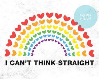 Può includere: Un design grafico con un arco a forma di arcobaleno composto da cuori rossi, arancioni, gialli, verdi, blu e viola. Il testo "I CAN'T THINK STRAIGHT" è sotto. Un cerchio azzurro con testo è nell'angolo in alto a destra.