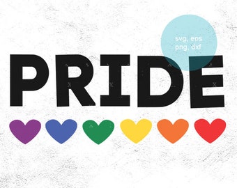 May include: Black and white graphic of the word "PRIDE" with a rainbow of hearts below. The hearts are purple, blue, green, yellow, orange, red.