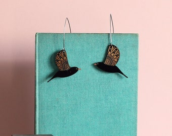 Little Hand Painted Wooden Blackbird Drop Earrings