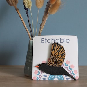 Wooden Folk Art Blackbird Brooch - Hand Painted