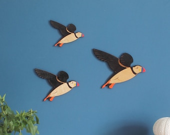 Flying Wooden Puffins - Wall decor Hangings - Coastal Wall Art