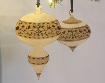 Fancy Floral Etched Wooden Baubles Christmas Decorations