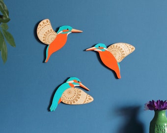 Folk Art Flying Wooden Kingfishers - Hand Painted Wall decor Hangings