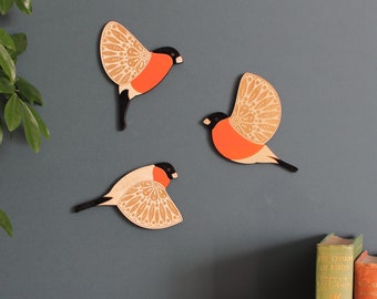Folk Art Flying Wooden Bullfinches - Hand Painted Wall decor Hangings