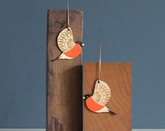 Little Hand Painted Wooden Bullfinch Drop Earrings