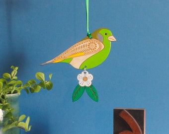 Greenfinch Bird Wooden Hanging Decoration with Hawthorn Flower