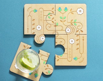 Wooden Jigsaw Geometric Spring Folk Art Coasters - Set of 4