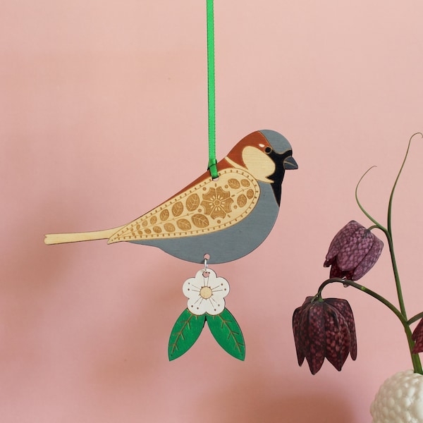 Hanging House Sparrow Wooden Bird Decoration with Hawthorn Flower