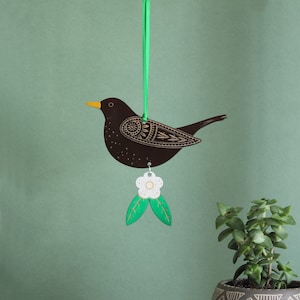 Female Blackbird Wooden Hanging Decoration with Flower