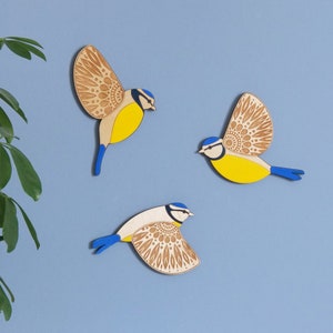 Folk Art Wooden Blue Tits Wall decor Hangings Set of 3 (1 of each)