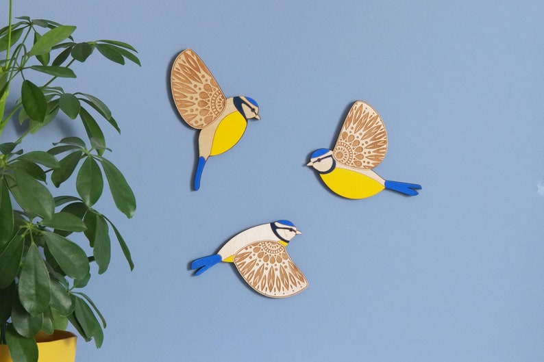 Folk Art Wooden Blue Tits Wall decor Hangings Set of 3 (1 of each)