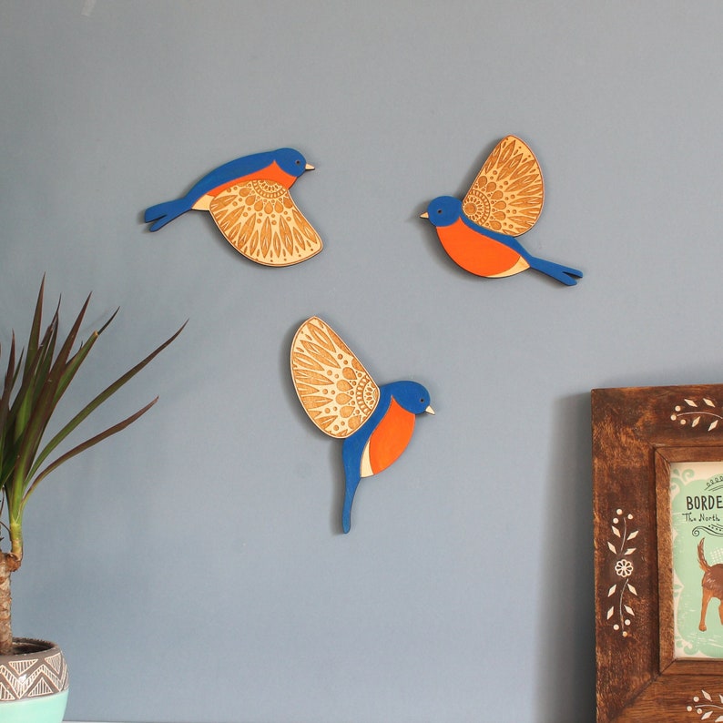 Folk Art Wooden Bluebirds Wall Decor Hangings Etsy