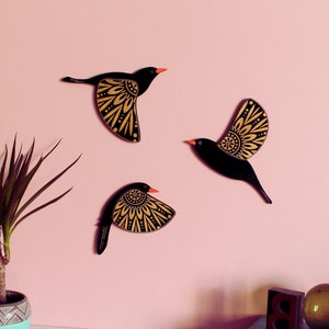 Folk Art Flying Wooden Blackbirds - Wall decor Hangings