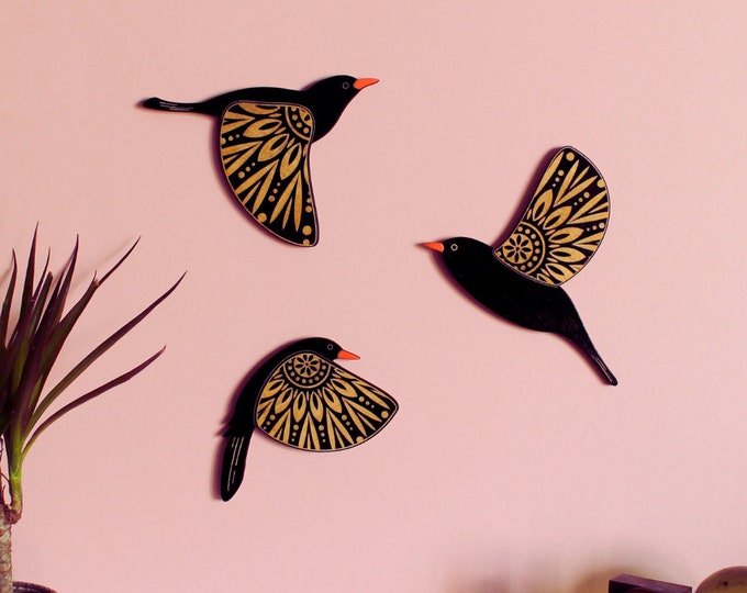 Folk Art Inspired Flying Wooden Blackbirds - Bird Wall Decor Hangings