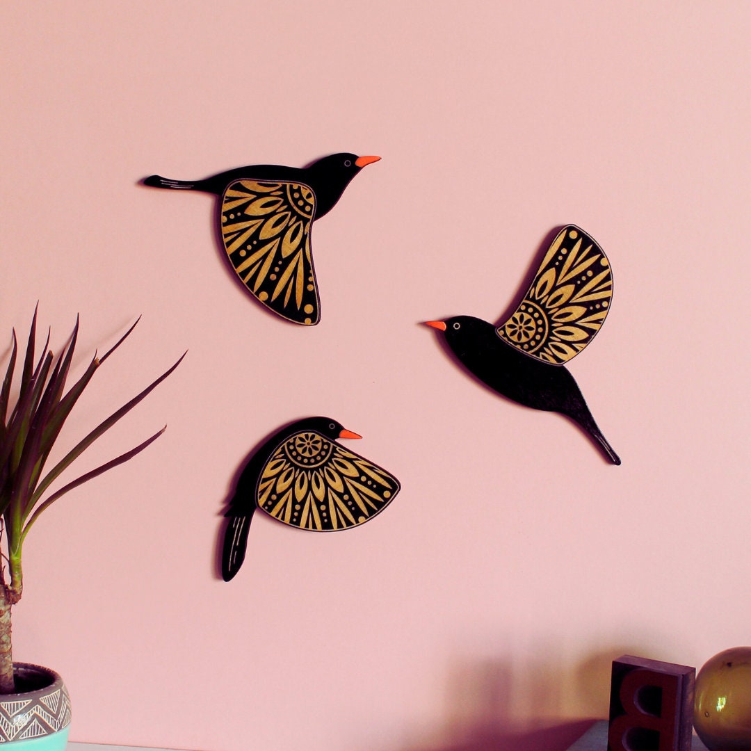 Folk Art Inspired Flying Wooden Blackbirds - Birch Wall Decor Hangings
