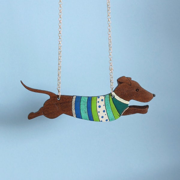 Walnut Dog in Jumper Necklace - Sterling Silver Chain