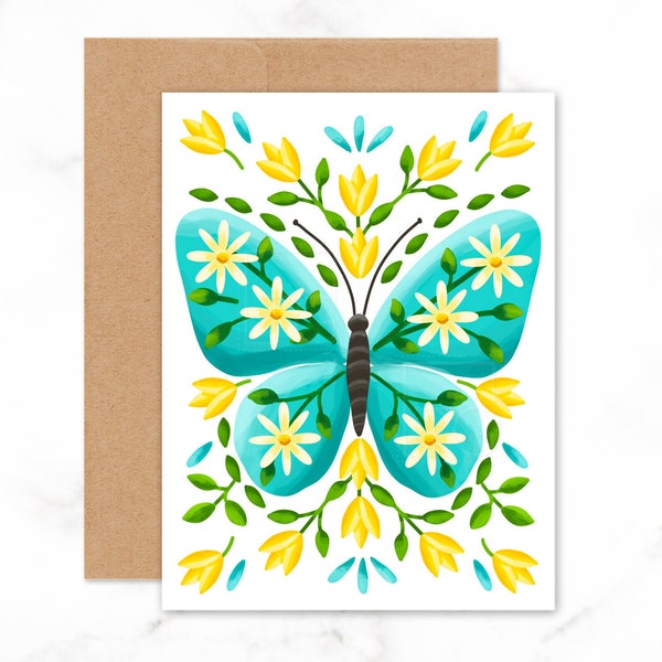 Teal Butterfly with yellow flowers note card set, blank note cards, handmade butterfly stationery, gifts under 20, nature lover gift