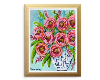 Flowers in chinoiserie vase floral fine art print, floral chinoiserie wall art