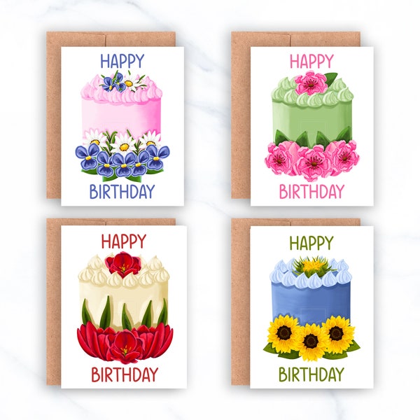 Birthday Card Set with 8 folded cards and envelopes, flowers and cake cards, birthday note cards, customizable cards, gifts for her