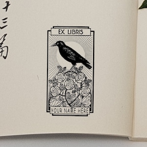 Crow Ex Libris Personalized Stamp, Customizable Vintage Crow, Booklovers gift, ex Libris Stamp CROW and FLOWERS -1135050322