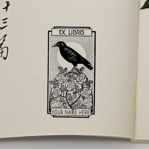 Sello personalizado Crow Ex Libris, Cuervo vintage personalizable, regalo de amantes de los libros, sello ex Libris CUERVO y FLORES -1135050322