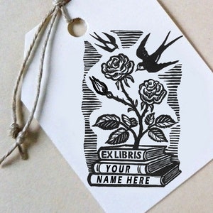 Timbre Ex Libris personnalisé, ex-libris de presse à imprimer personnalisé, timbre de bibliothèque personnalisable, timbre cadeau personnalisé, hirondelles et fleurs, -2321030220