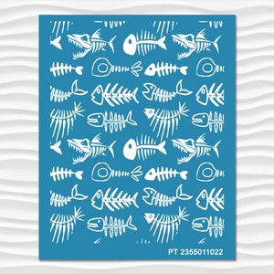 May include: A blue background with white fish skeletons repeated in a pattern. The skeletons are stylized and have a cartoonish look. The text "PT 2355011022" is at the bottom of the image.