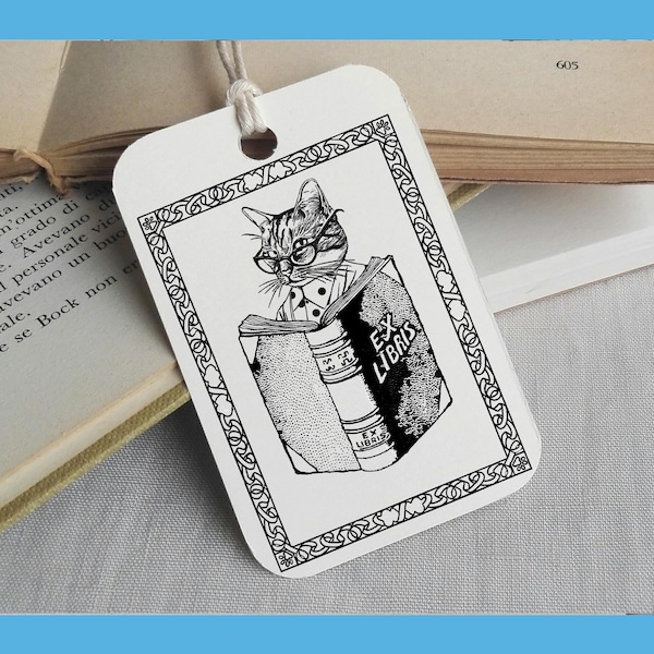 Custom Ex Libris Stamp, Custom Printing Press Bookplate, Personalizable Library Stamp, Custom Gift Stamp, Cat reads book, -2240151219