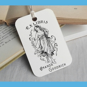 Custom Ex Libris Stamp, Custom Printing Press Bookplate, Personalizable Library Stamp, woman walks with book in hand, 2135210223