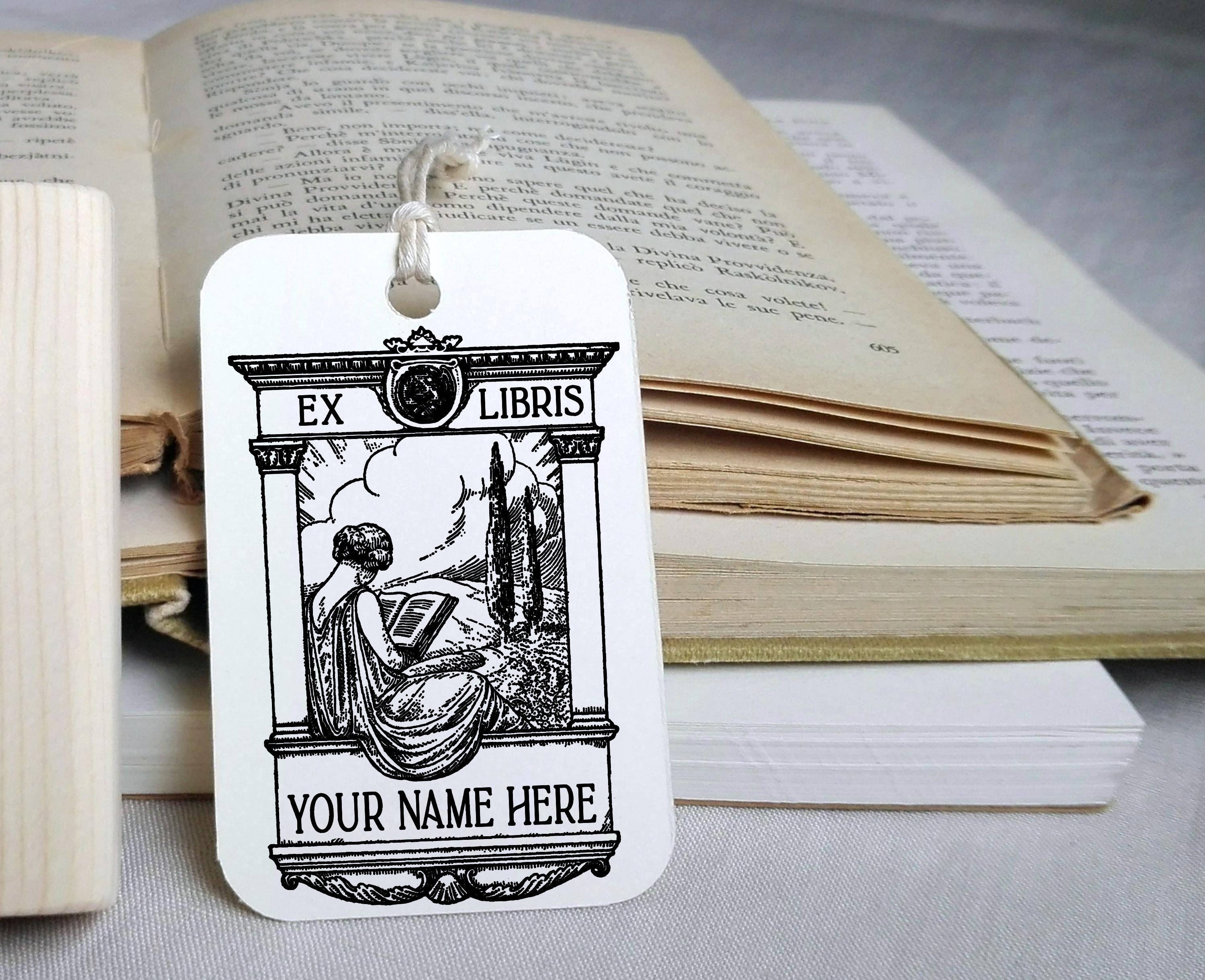 Custom Book Stamp With Florals, Initials, Cats and Dragons