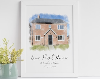 May include: A watercolor painting of a brick house with a blue sky and green grass. The text "Our First Home" is written below the house, along with the address "11 Bambara Close" and the date "26 June 2020".