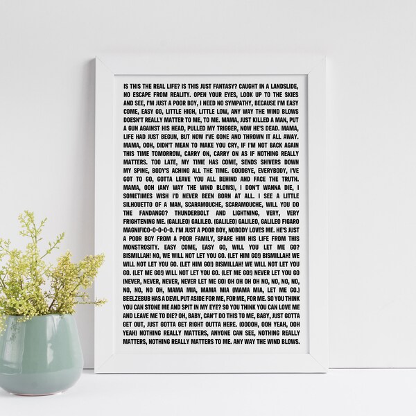 Bohemian Rhapsody Print, Bohemian Rhapsody Song Lyrics Art, Editable ...