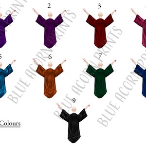 May include: Nine different coloured robes, numbered 1 through 9, with the text "Robe Colours" below.