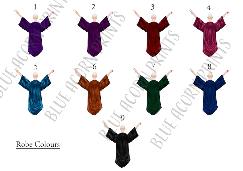 May include: Nine different coloured robes, numbered 1 through 9, with the text "Robe Colours" below.