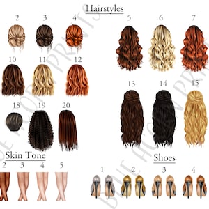 May include: A chart featuring 20 different hairstyles for women, 5 different skin tones, and 5 different shoe styles. The hairstyles are numbered 1-20, the skin tones are numbered 1-5, and the shoes are numbered 1-5.