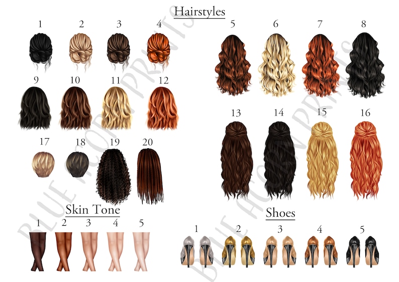 May include: A chart featuring 20 different hairstyles for women, 5 different skin tones, and 5 different shoe styles. The hairstyles are numbered 1-20, the skin tones are numbered 1-5, and the shoes are numbered 1-5.