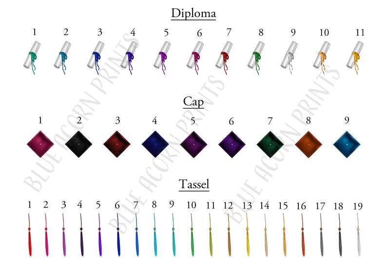 May include: A chart showing different colours of graduation caps, diplomas, and tassels. The chart is labelled "Diploma", "Cap", and "Tassel".