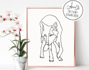 Stampa lupo, One Line Art Drawing, Printable Wall Art, Poster minimalista moderno in bianco e nero, WOLF Wall Art Print Poster Wolf Painting