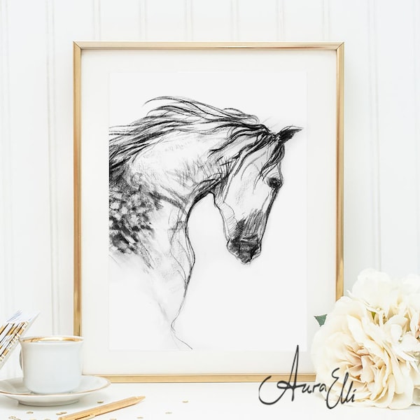 Impression contemporaine d'art de cheval, décor moderne à la maison, croquis de charbon de bois noir et blanc art de mur équine, cadeau d'amoureux de cheval, amour de chevaux