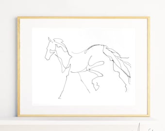 Contemporary minimalistic horse art print, modern home decor, charcoal sketch black and white equine wall art, horse lovers gift