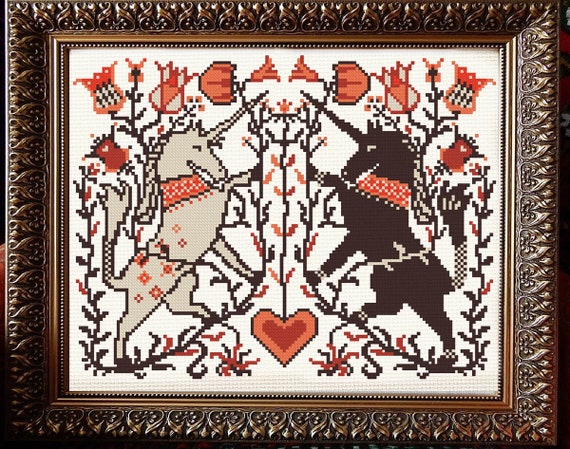 Antique Unicorns Cross Stitch Pattern Magical Horses Medieval Hand embroidered Wall hanging Tapestry Unicorn Folk Folklore