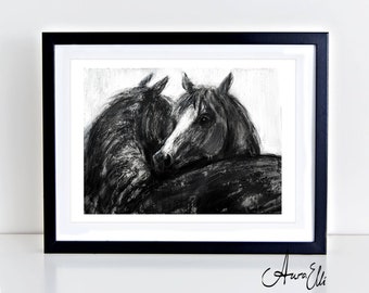 May include: Black and white charcoal drawing of two horses, one with its head resting on the other's back. The horses are drawn in a realistic style with a focus on their fur and musculature.