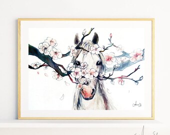 水彩馬プリント、馬アートプリント、モダンな室内装飾、桜プリント、馬と花、保育園アートプリント、馬好きへのギフト