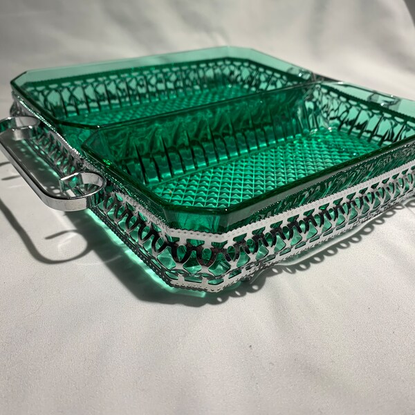 Vintage Arcoroc France Emeraude  Glass Caddy with Trays. Emerald Green Arcoroc Dish . Mid Century