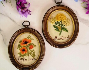 Vintage Cross Stitch in Oval Frames - Mustard and Poppy Seed - Set of 2